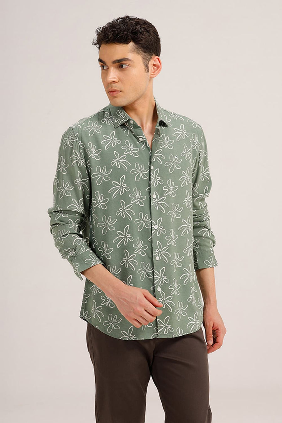 BASICS SLIM FIT FOREST GREEN VISCOSE PRINTED SHIRT