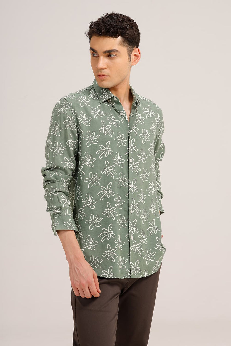 BASICS SLIM FIT FOREST GREEN VISCOSE PRINTED SHIRT
