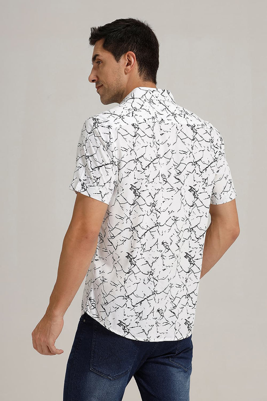 BASICS SLIM FIT WHITE NIGHT VISCOSE PRINTED HALFSLEEVES SHIRT
