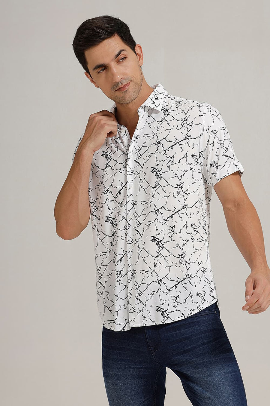 BASICS SLIM FIT WHITE NIGHT VISCOSE PRINTED HALFSLEEVES SHIRT