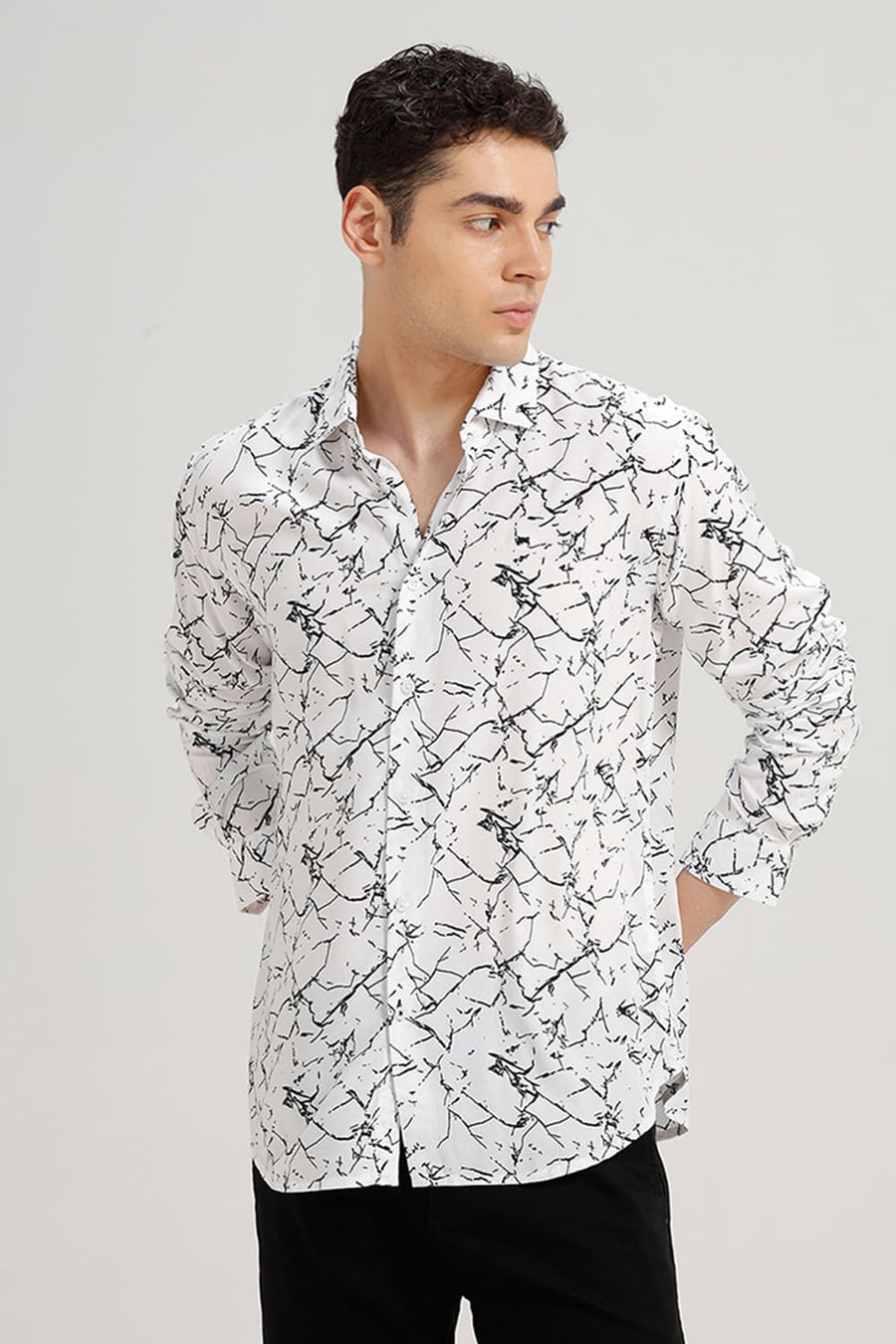 BASICS SLIM FIT WHITE NIGHT VISCOSE PRINTED SHIRT