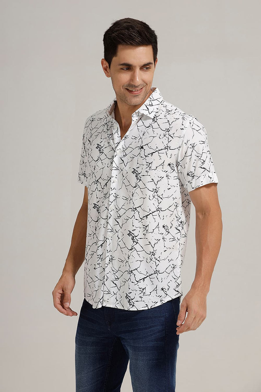 BASICS SLIM FIT WHITE NIGHT VISCOSE PRINTED HALFSLEEVES SHIRT