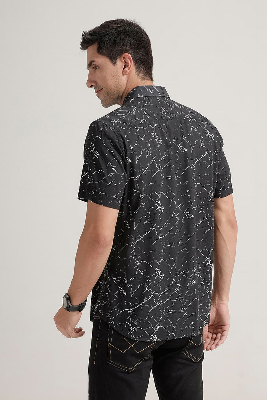 BASICS SLIM FIT BLACK PAPYRUS VISCOSE PRINTED HALFSLEEVES SHIRT