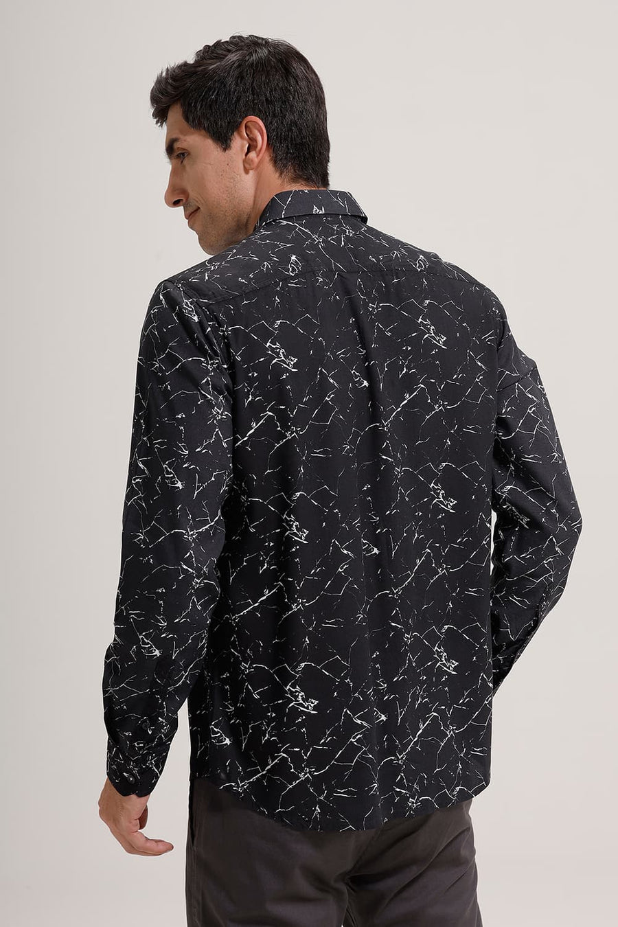 BASICS SLIM FIT BLACK PAPYRUS VISCOSE PRINTED SHIRT