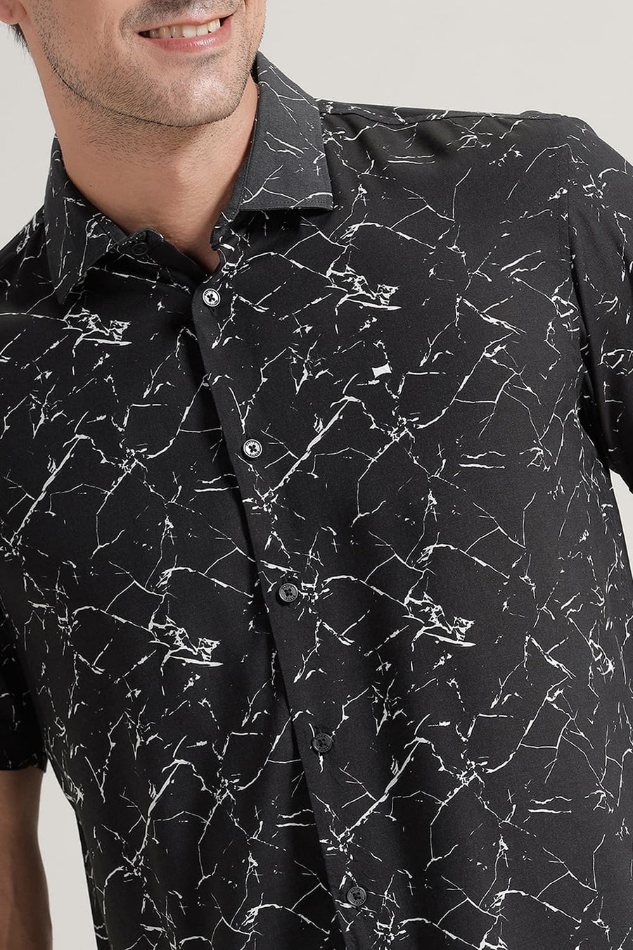 BASICS SLIM FIT BLACK PAPYRUS VISCOSE PRINTED HALFSLEEVES SHIRT