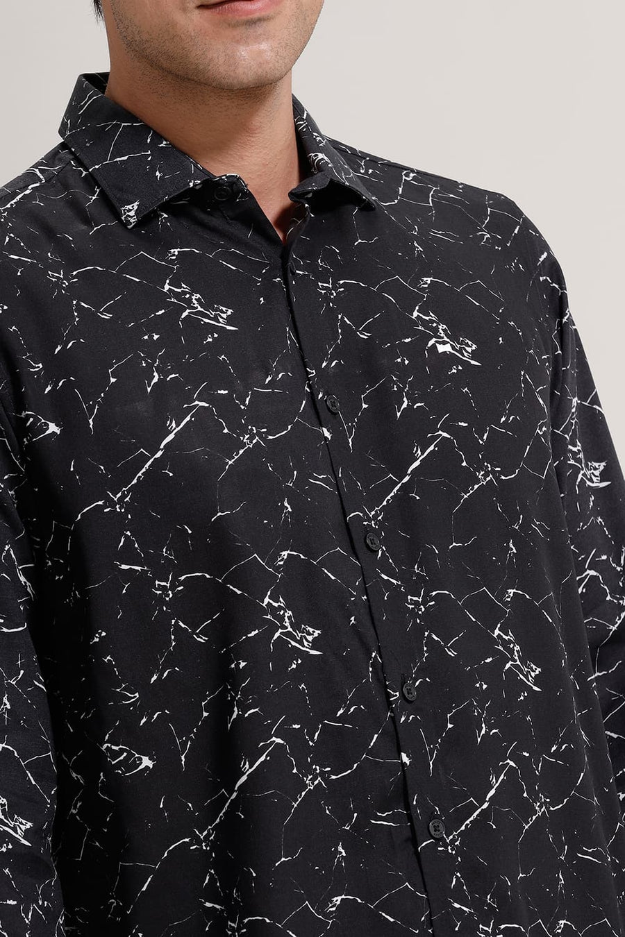 BASICS SLIM FIT BLACK PAPYRUS VISCOSE PRINTED SHIRT
