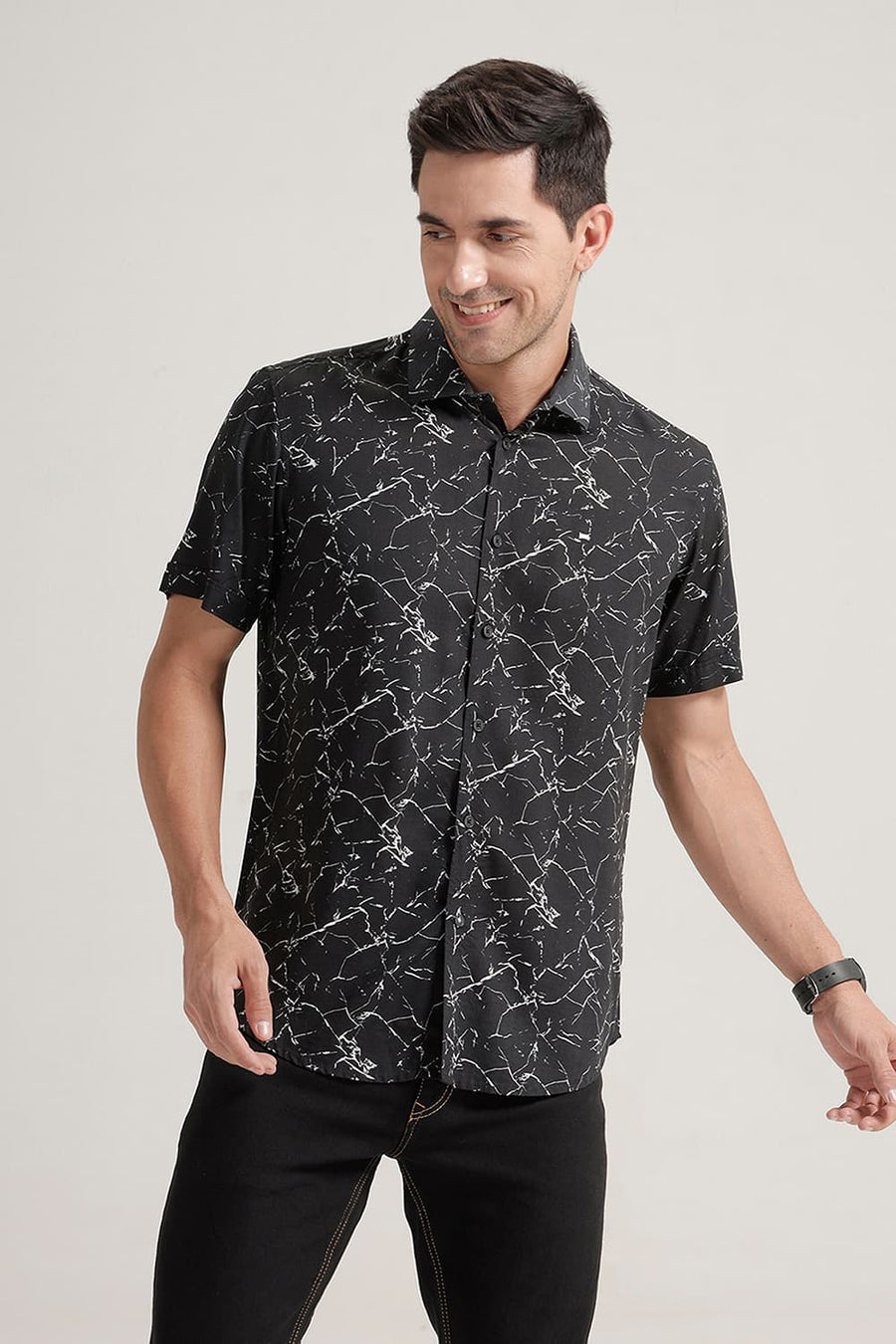 BASICS SLIM FIT BLACK PAPYRUS VISCOSE PRINTED HALFSLEEVES SHIRT
