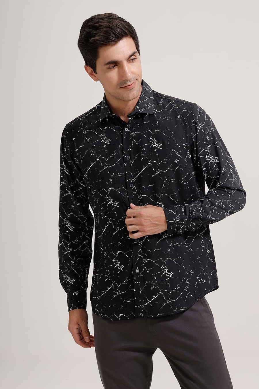 BASICS SLIM FIT BLACK PAPYRUS VISCOSE PRINTED SHIRT