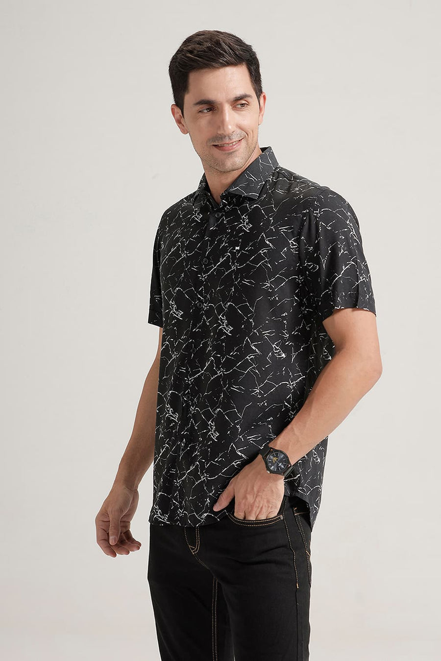 BASICS SLIM FIT BLACK PAPYRUS VISCOSE PRINTED HALFSLEEVES SHIRT