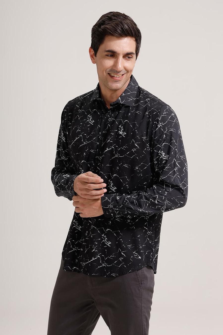 BASICS SLIM FIT BLACK PAPYRUS VISCOSE PRINTED SHIRT