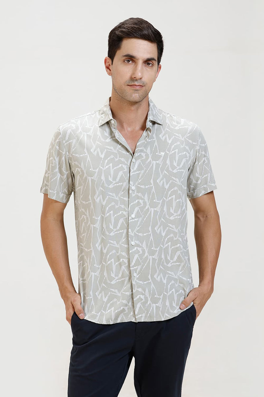 BASICS SLIM FIT ISLAND GREY VISCOSE PRINTED HALFSLEEVES SHIRT