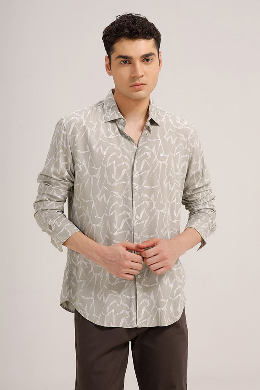 BASICS SLIM FIT ISLAND GREY VISCOSE PRINTED SHIRT