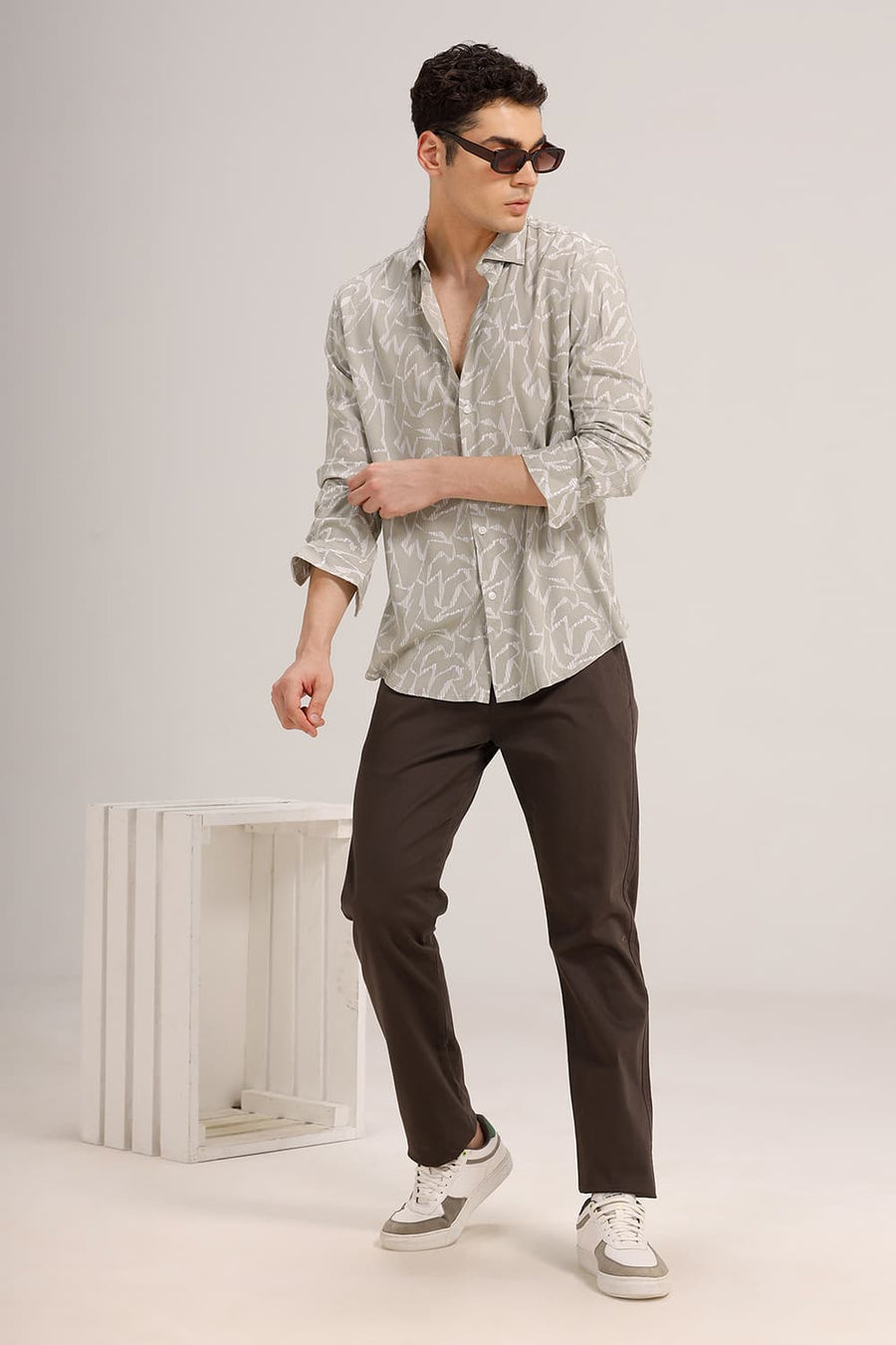 BASICS SLIM FIT ISLAND GREY VISCOSE PRINTED SHIRT