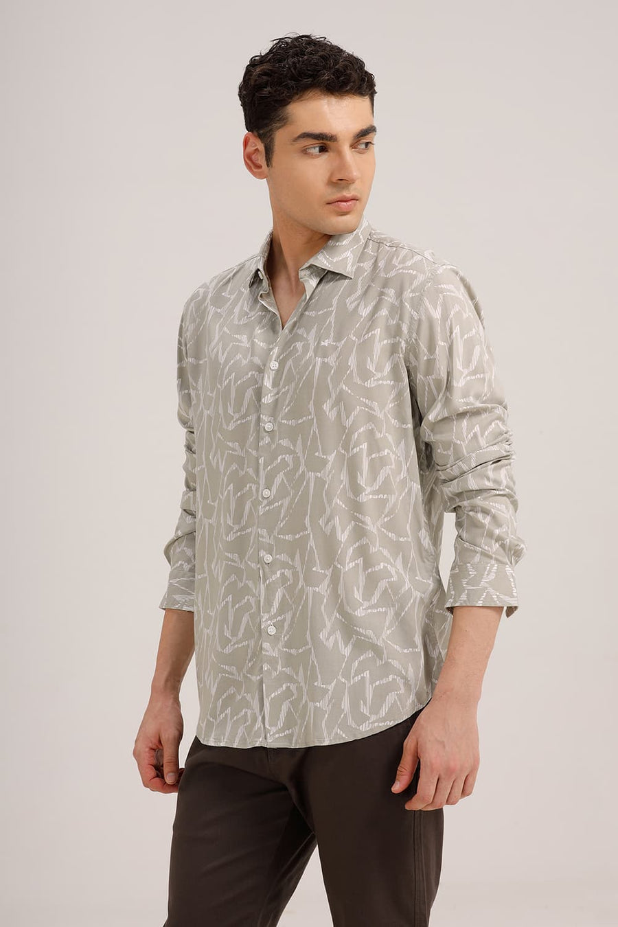 BASICS SLIM FIT ISLAND GREY VISCOSE PRINTED SHIRT