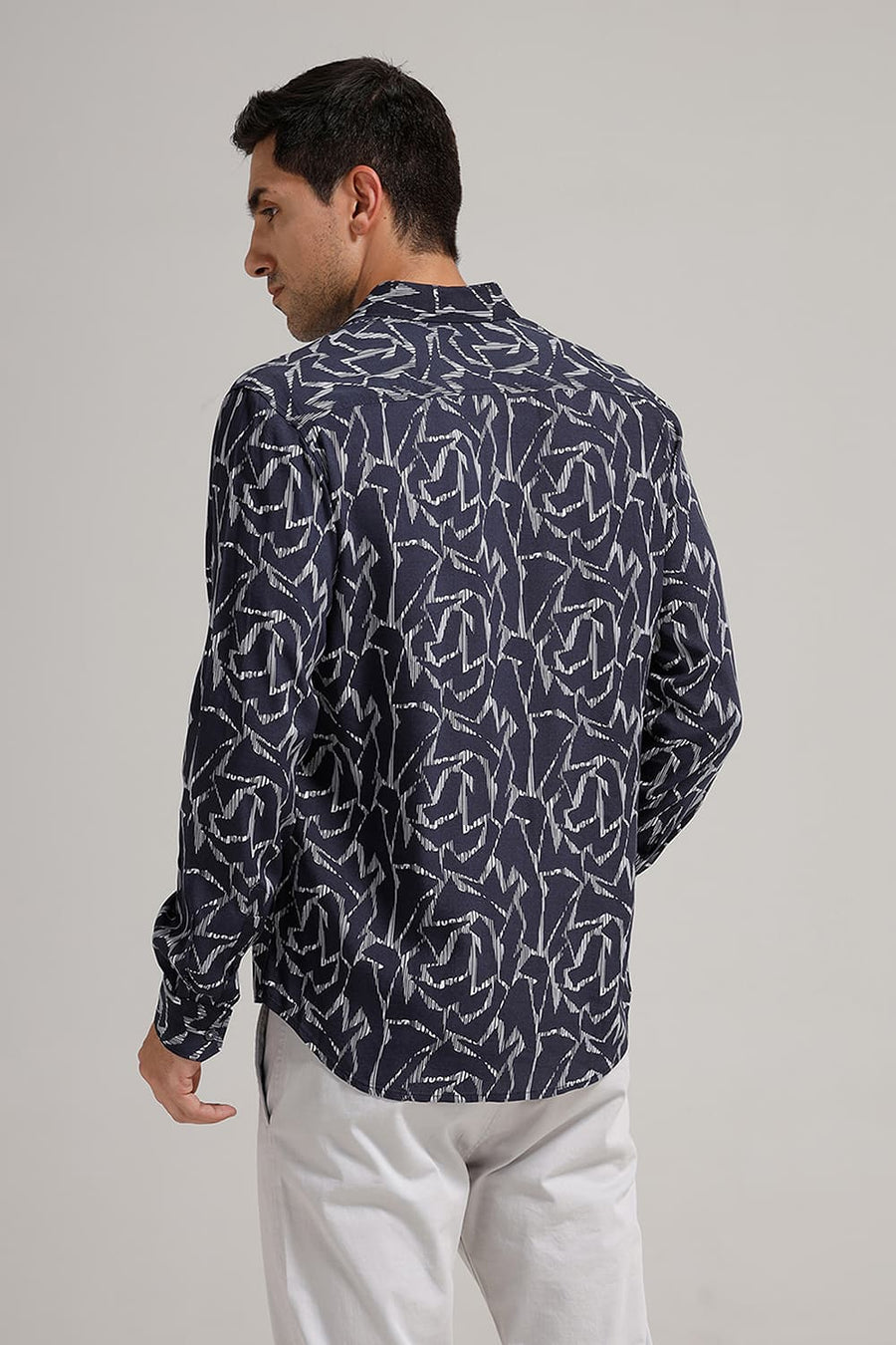 BASICS SLIM FIT INKWELL NAVY VISCOSE PRINTED SHIRT