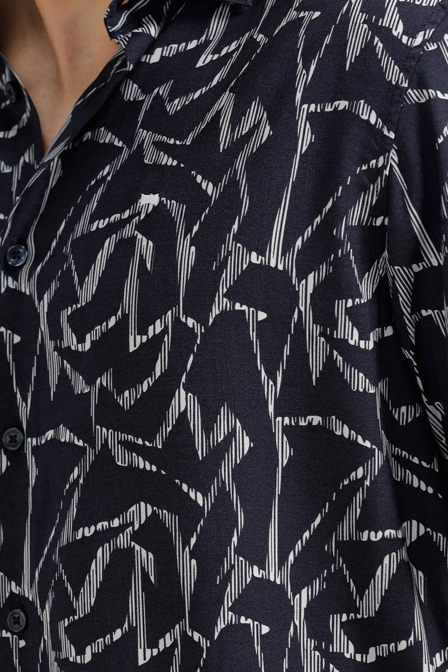 BASICS SLIM FIT INKWELL NAVY VISCOSE PRINTED HALFSLEEVES SHIRT