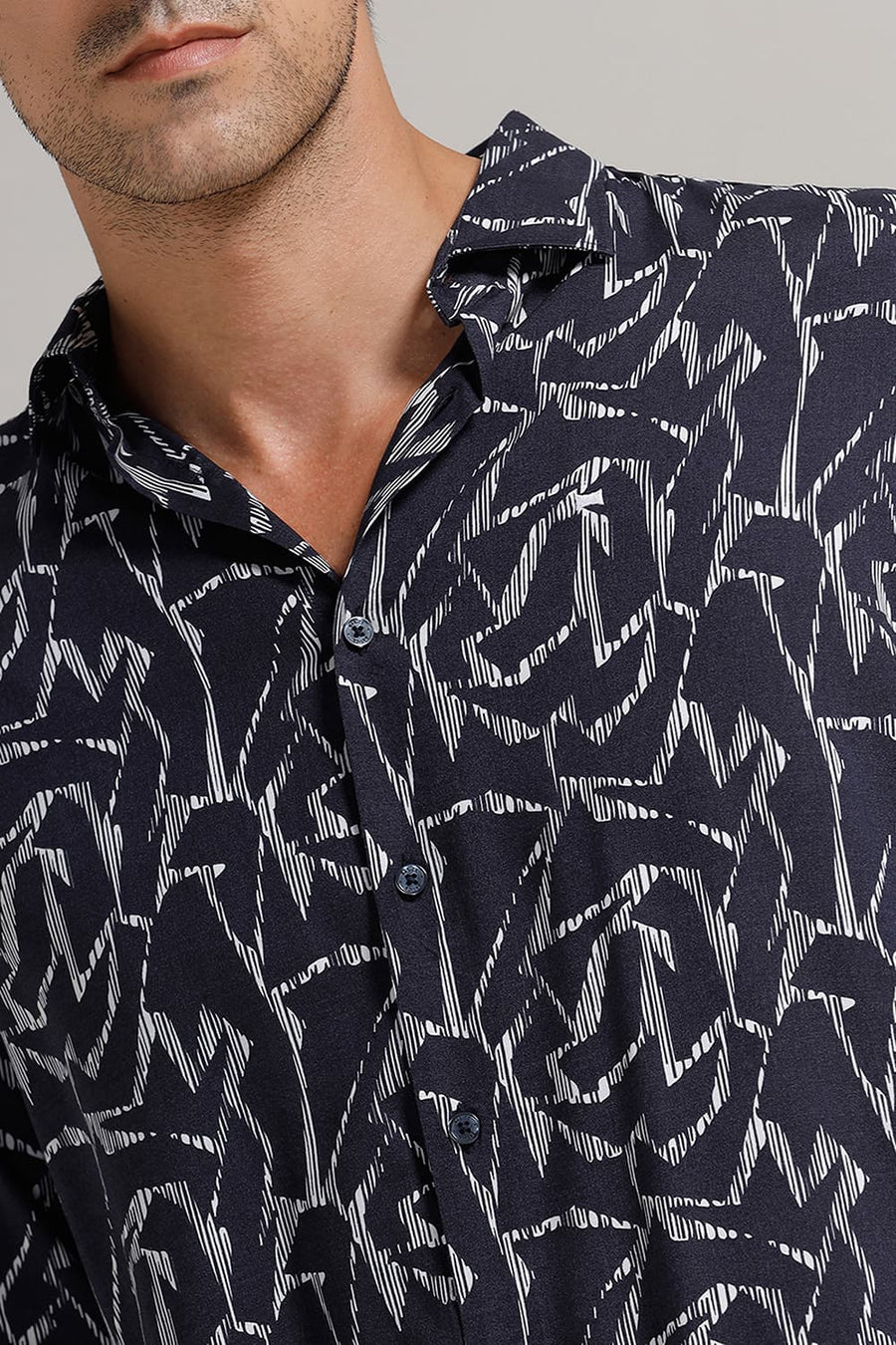 BASICS SLIM FIT INKWELL NAVY VISCOSE PRINTED SHIRT