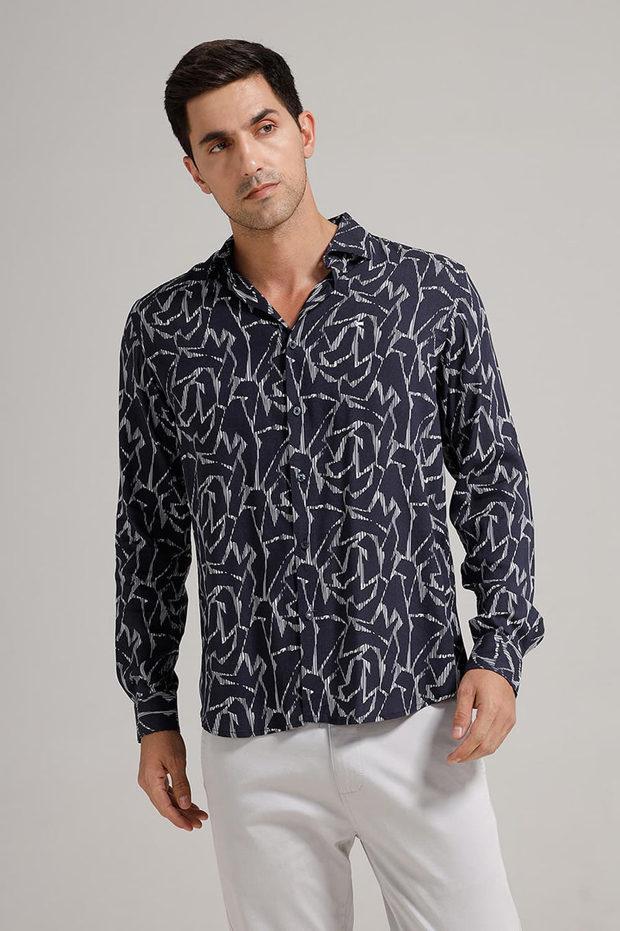 BASICS SLIM FIT INKWELL NAVY VISCOSE PRINTED SHIRT