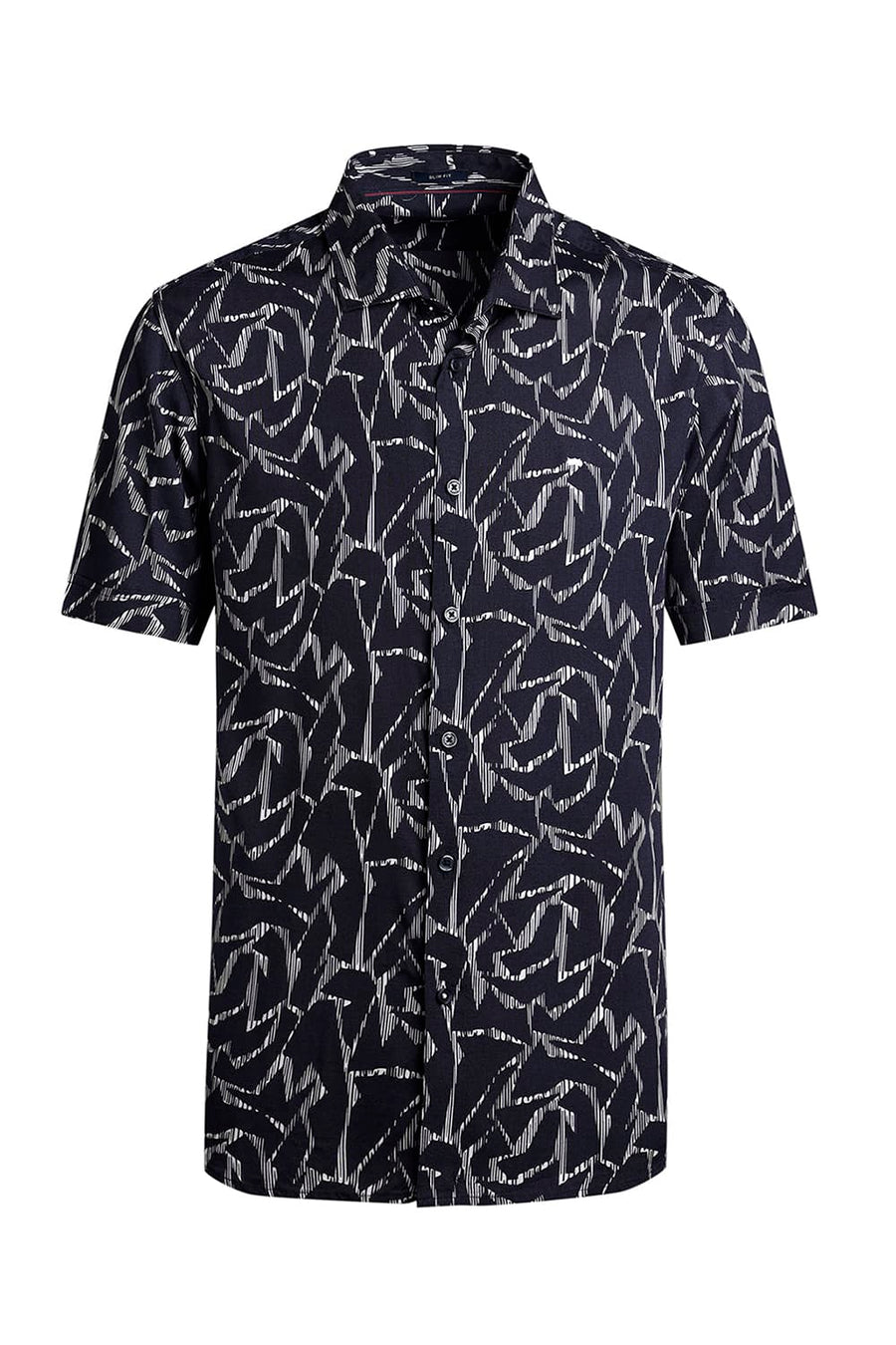BASICS SLIM FIT INKWELL NAVY VISCOSE PRINTED HALFSLEEVES SHIRT