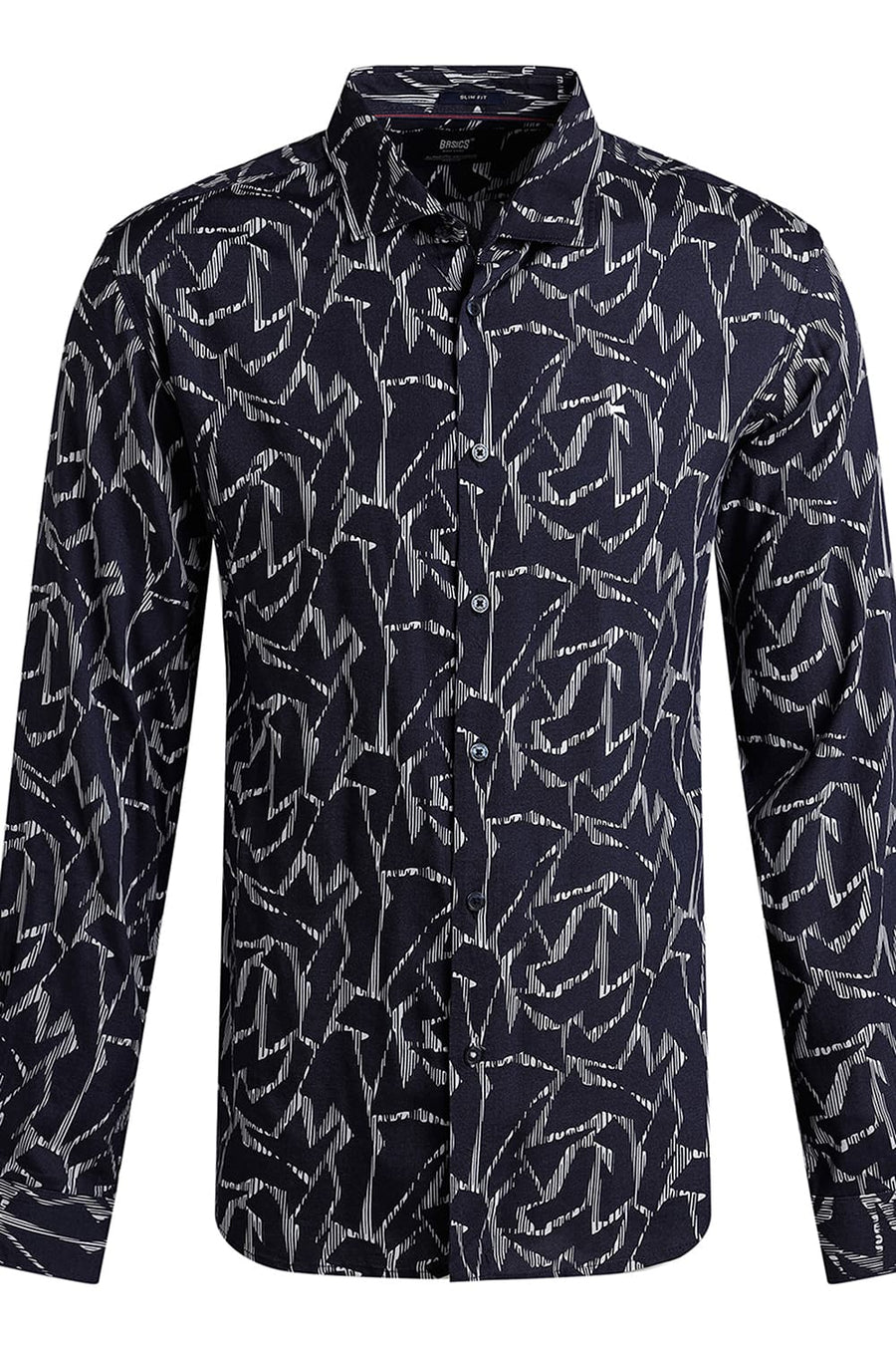 BASICS SLIM FIT INKWELL NAVY VISCOSE PRINTED SHIRT