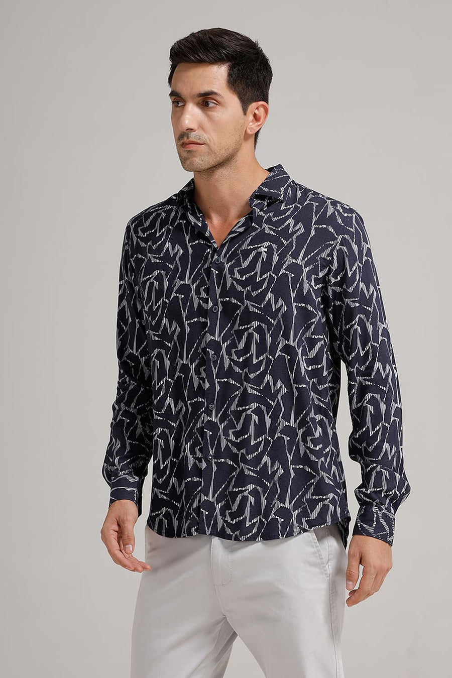 BASICS SLIM FIT INKWELL NAVY VISCOSE PRINTED SHIRT