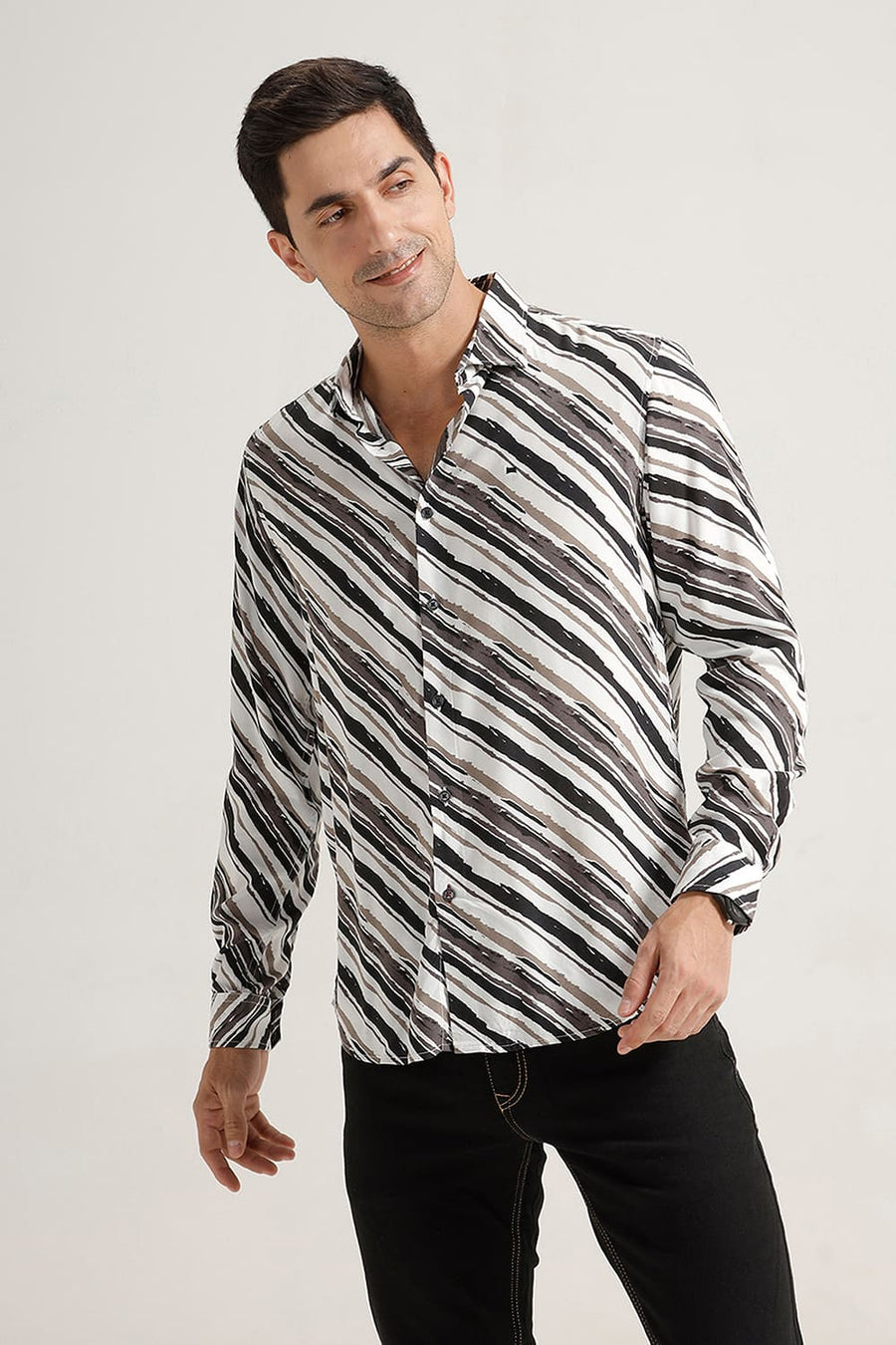 BASICS SLIM FIT BEIGE NIGHT VISCOSE PRINTED SHIRT
