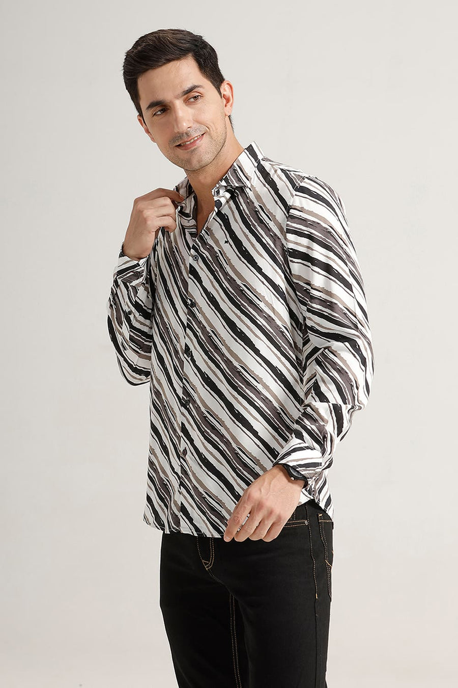BASICS SLIM FIT BEIGE NIGHT VISCOSE PRINTED SHIRT