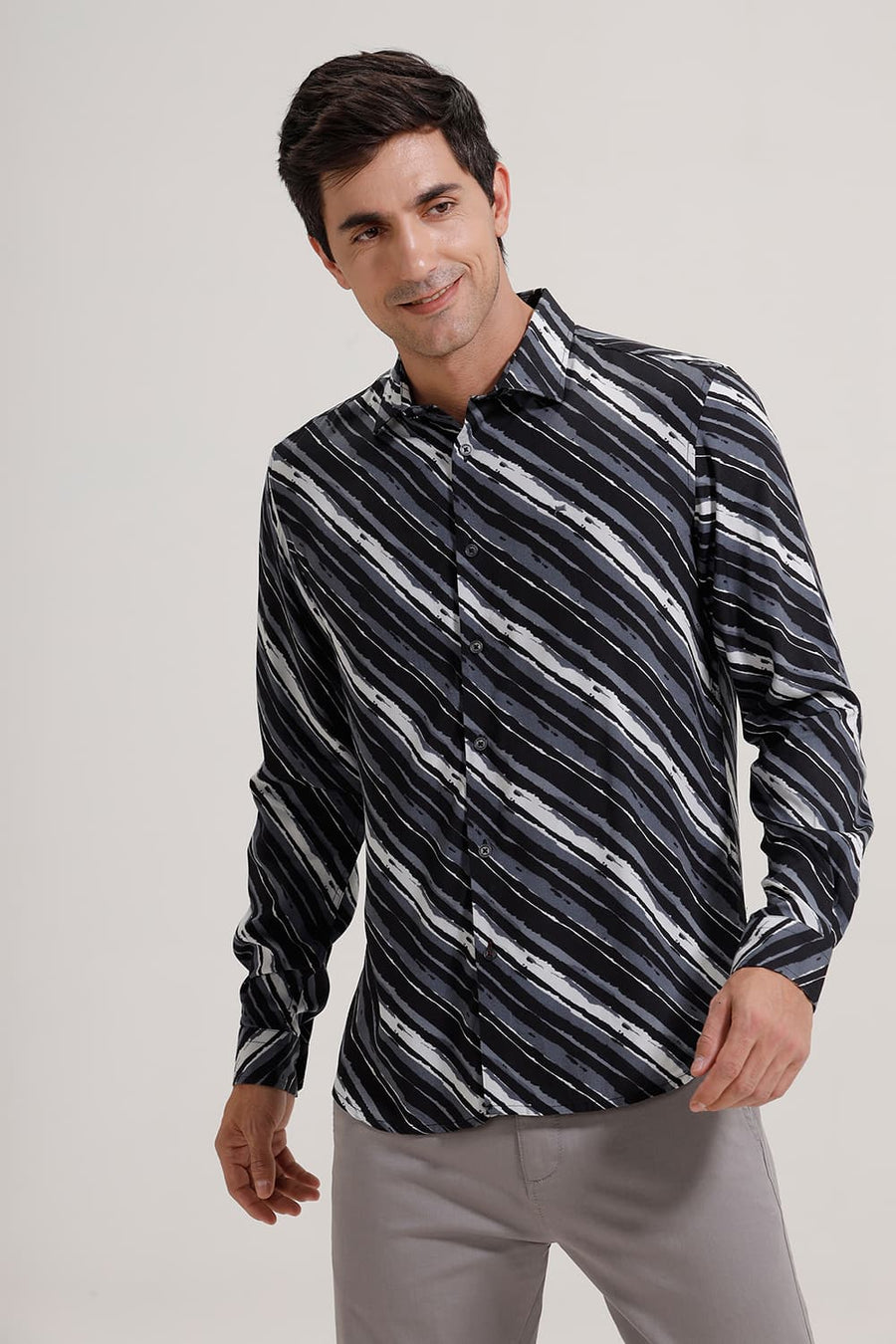 BASICS SLIM FIT GREY IRON VISCOSE PRINTED SHIRT