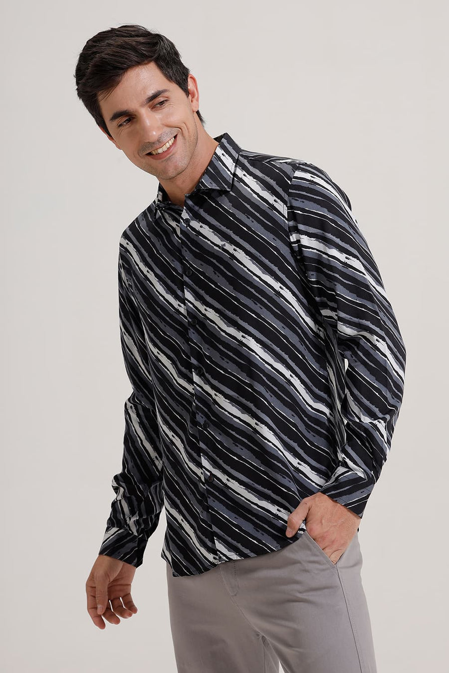 BASICS SLIM FIT GREY IRON VISCOSE PRINTED SHIRT