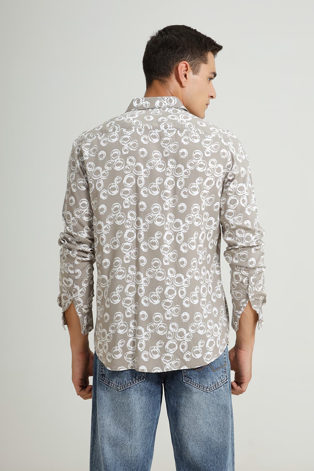 BASICS SLIM FIT GREY CROCKERY VISCOSE PRINTED SHIRT