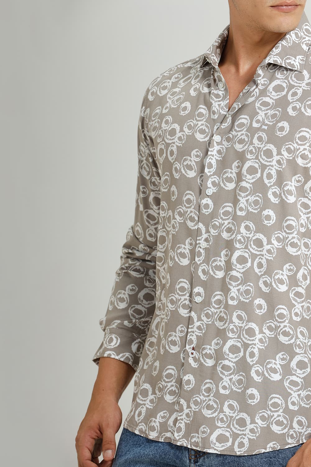 BASICS SLIM FIT GREY CROCKERY VISCOSE PRINTED SHIRT