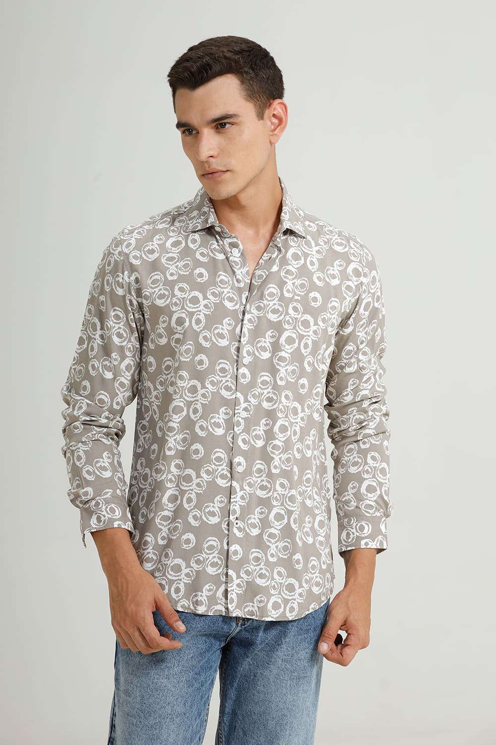 BASICS SLIM FIT GREY CROCKERY VISCOSE PRINTED SHIRT