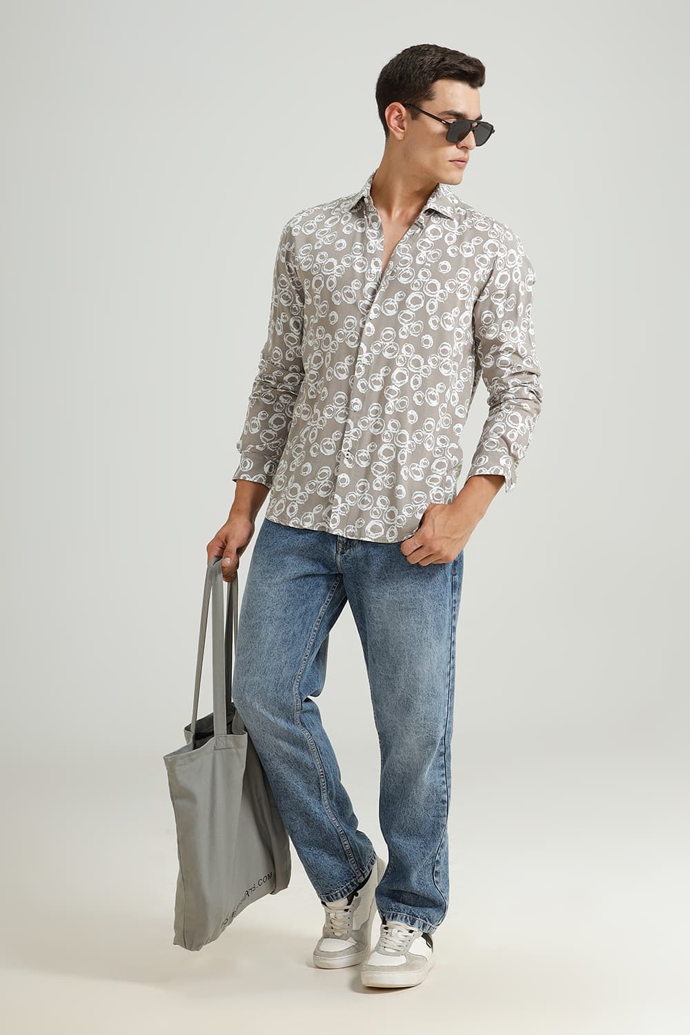 BASICS SLIM FIT GREY CROCKERY VISCOSE PRINTED SHIRT