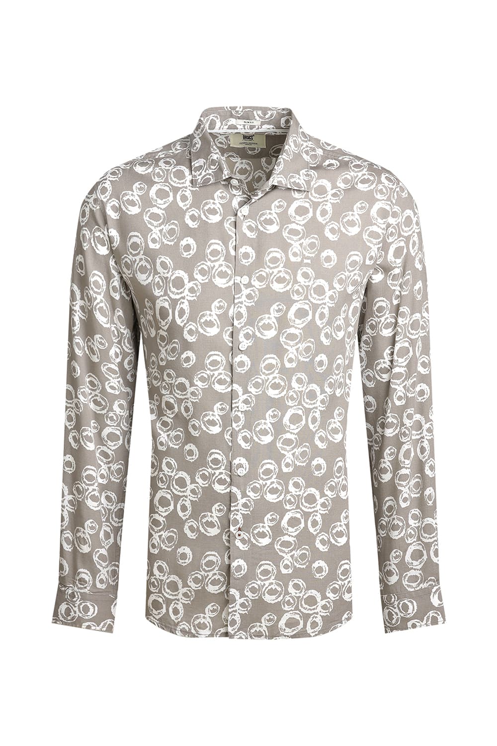 BASICS SLIM FIT GREY CROCKERY VISCOSE PRINTED SHIRT