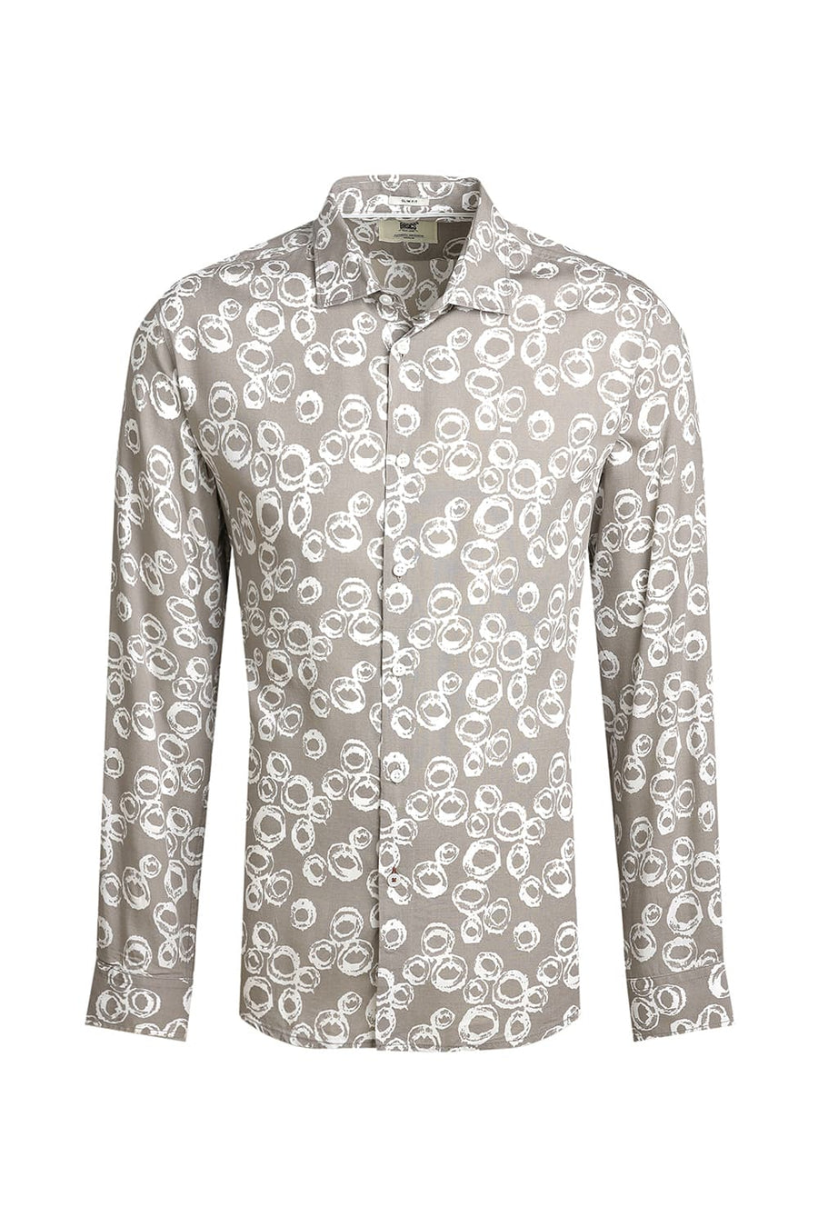 BASICS SLIM FIT GREY CROCKERY VISCOSE PRINTED SHIRT
