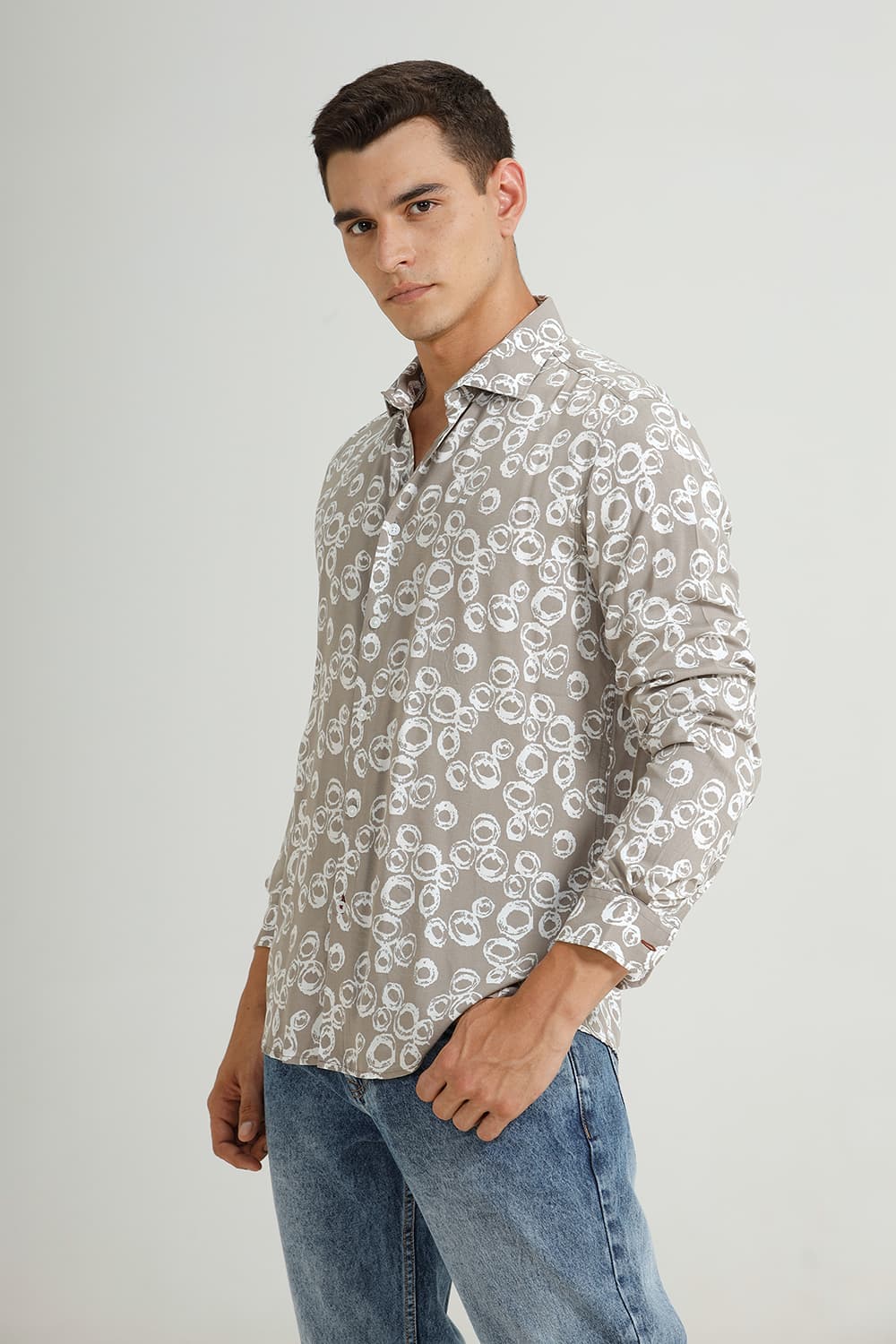 BASICS SLIM FIT GREY CROCKERY VISCOSE PRINTED SHIRT