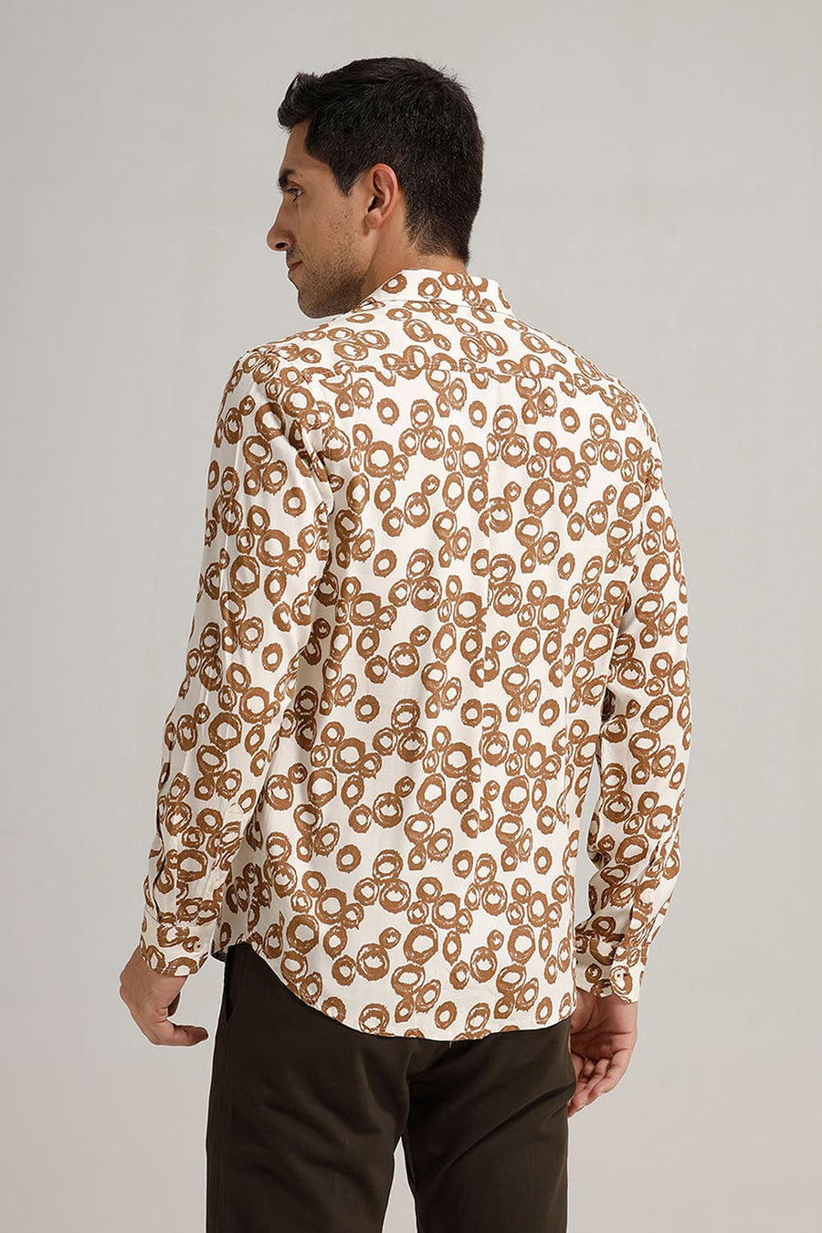 BASICS SLIM FIT BEIGE COCOA VISCOSE PRINTED SHIRT
