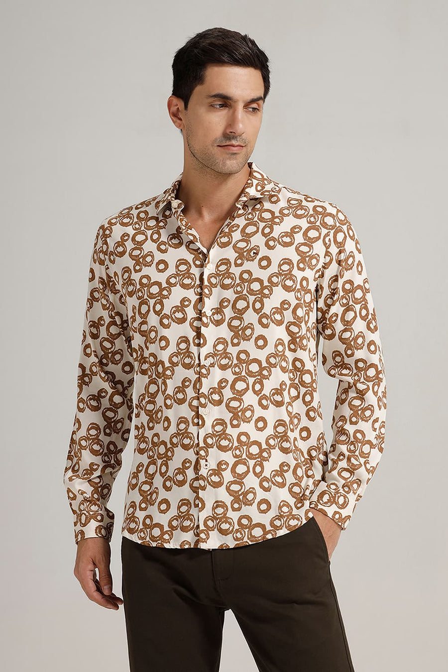 BASICS SLIM FIT BEIGE COCOA VISCOSE PRINTED SHIRT