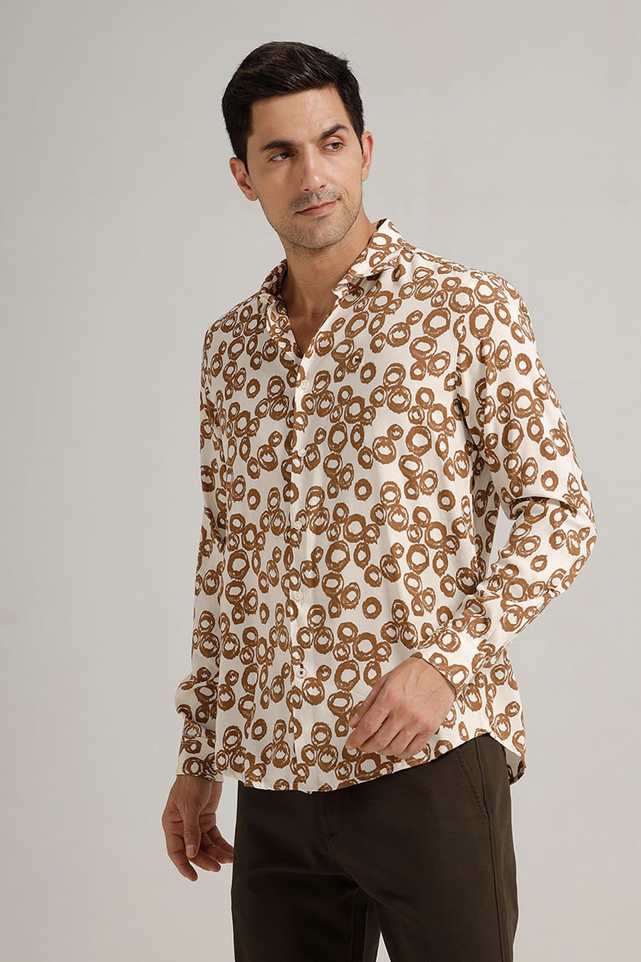 BASICS SLIM FIT BEIGE COCOA VISCOSE PRINTED SHIRT