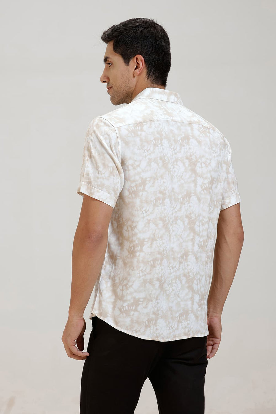 BASICS SLIM FIT BEIGE RICE VISCOSE DIGITAL PRINTED HALFSLEEVES SHIRT
