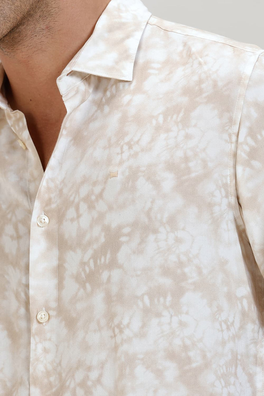 BASICS SLIM FIT BEIGE RICE VISCOSE DIGITAL PRINTED HALFSLEEVES SHIRT