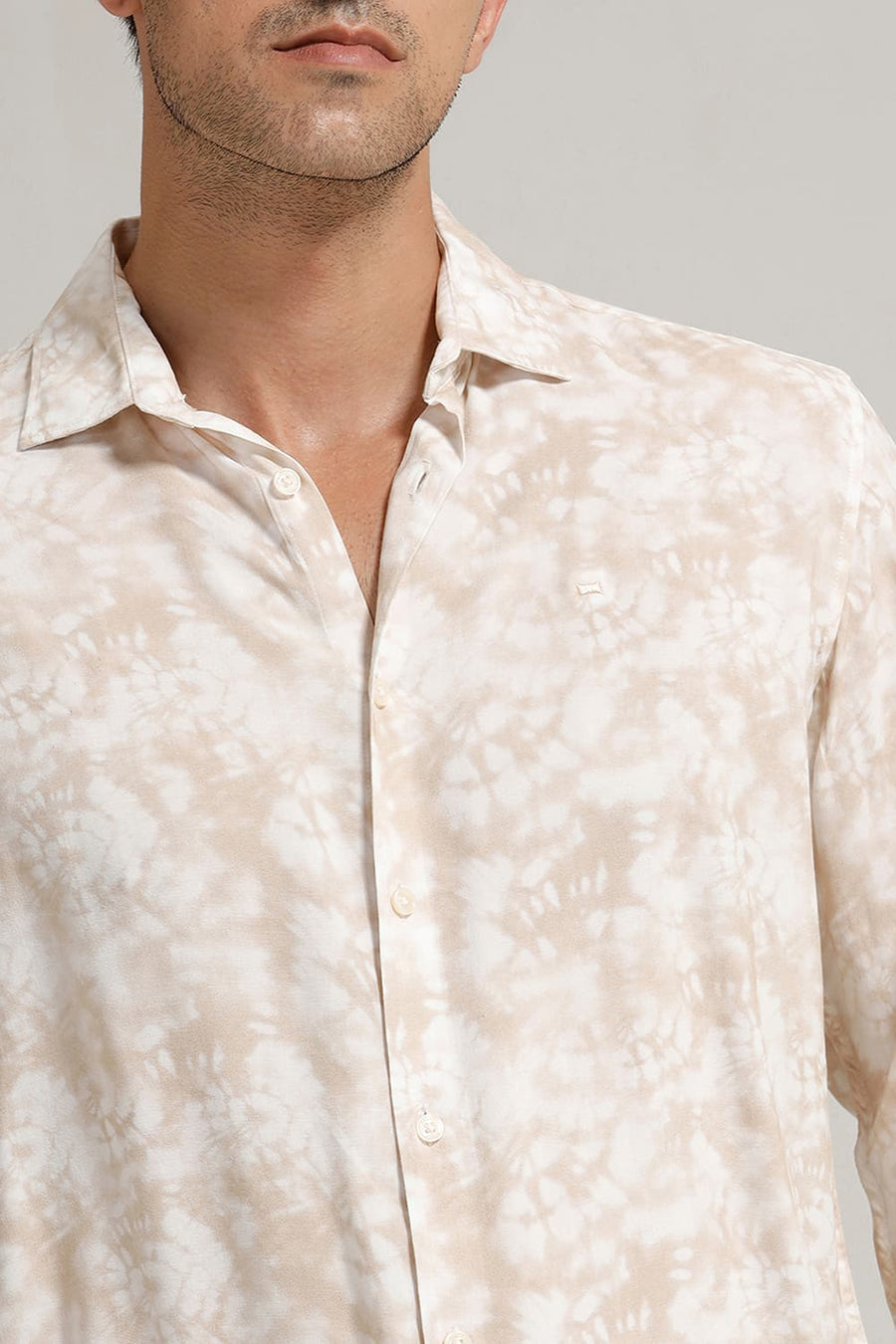 BASICS SLIM FIT BEIGE RICE VISCOSE DIGITAL PRINTED SHIRT
