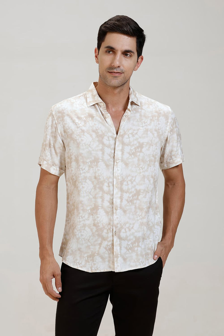 BASICS SLIM FIT BEIGE RICE VISCOSE DIGITAL PRINTED HALFSLEEVES SHIRT