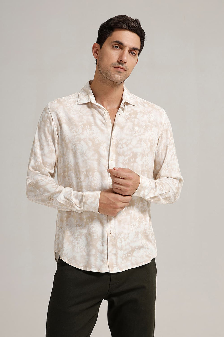 BASICS SLIM FIT BEIGE RICE VISCOSE DIGITAL PRINTED SHIRT