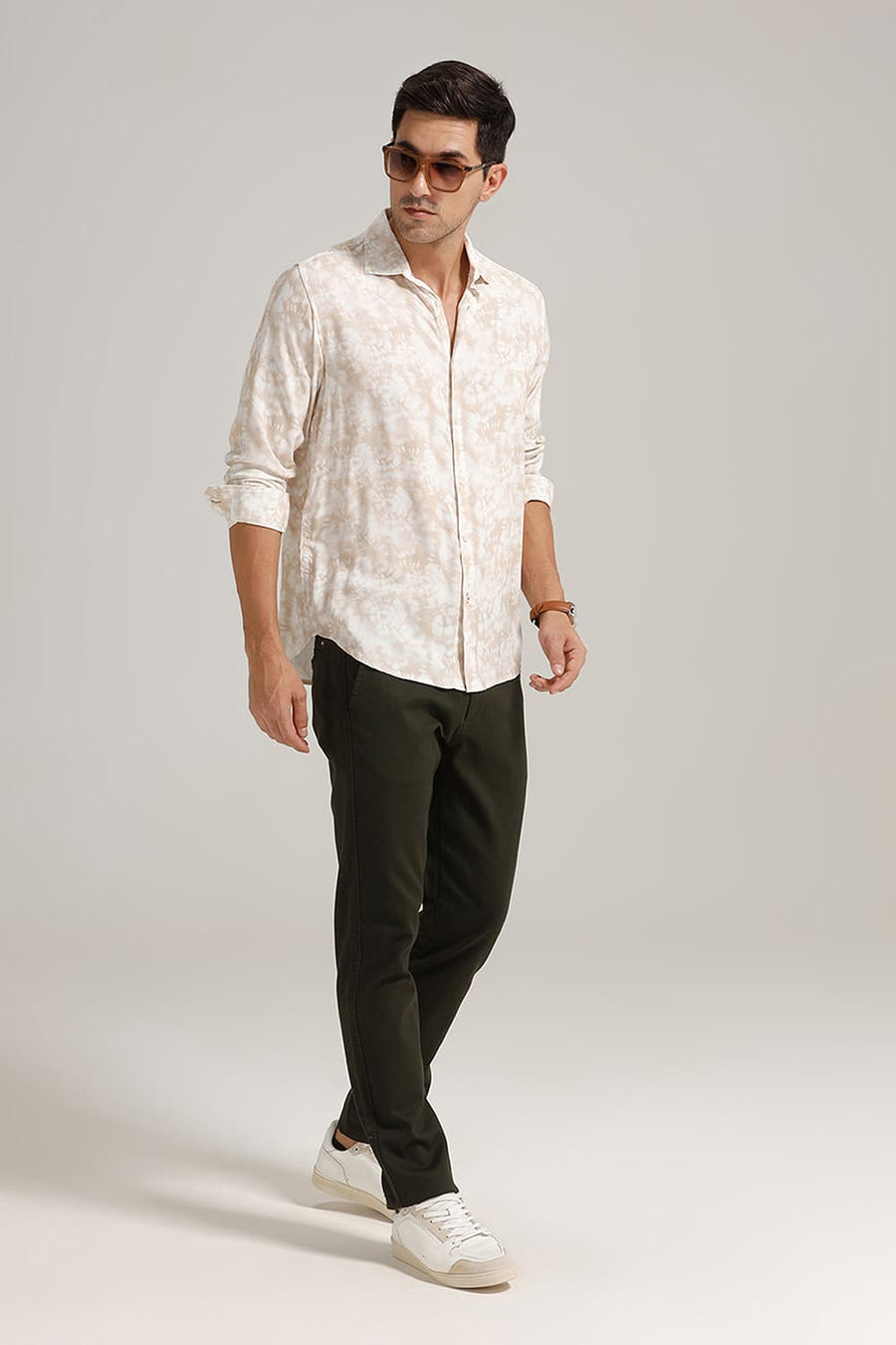 BASICS SLIM FIT BEIGE RICE VISCOSE DIGITAL PRINTED SHIRT