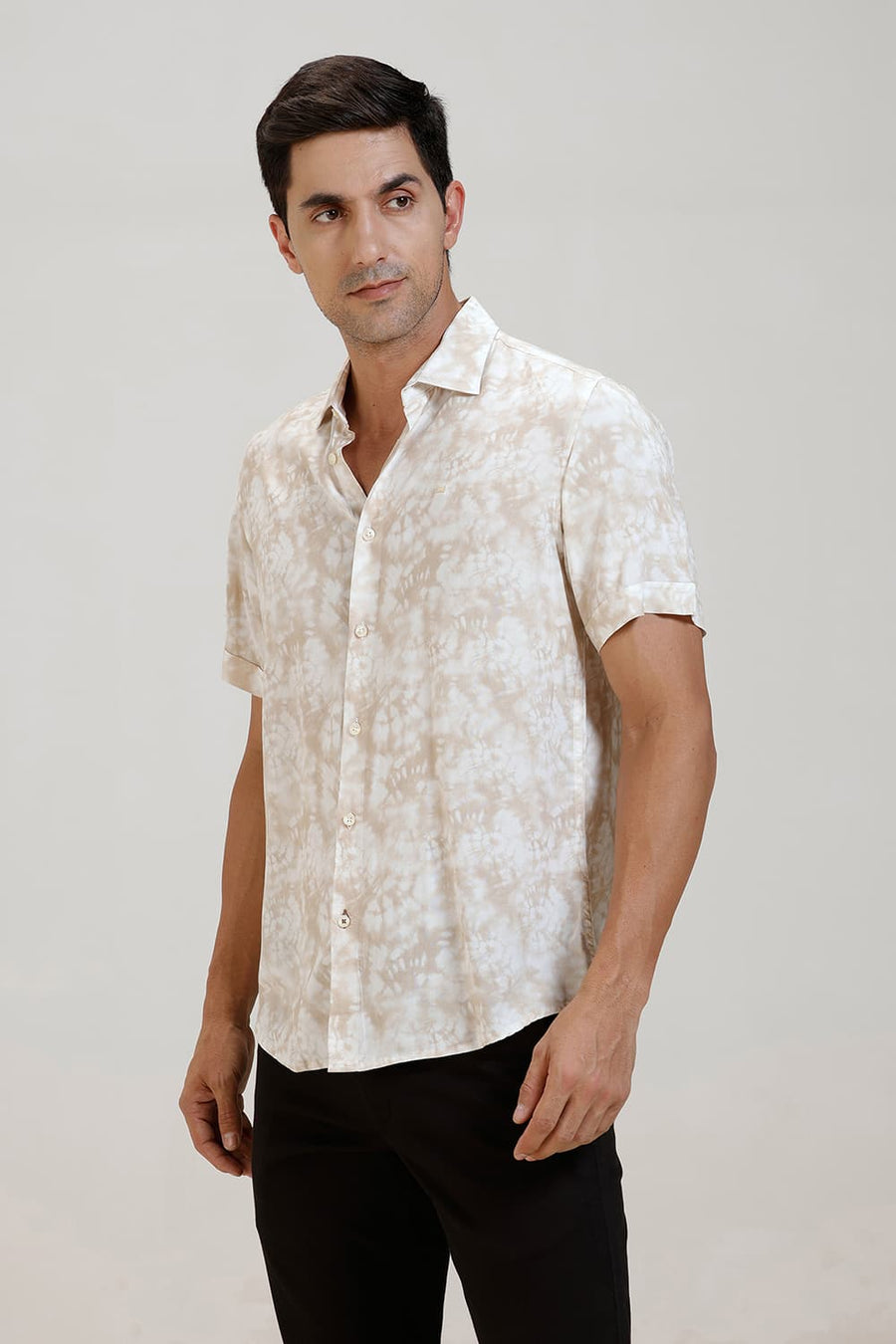 BASICS SLIM FIT BEIGE RICE VISCOSE DIGITAL PRINTED HALFSLEEVES SHIRT