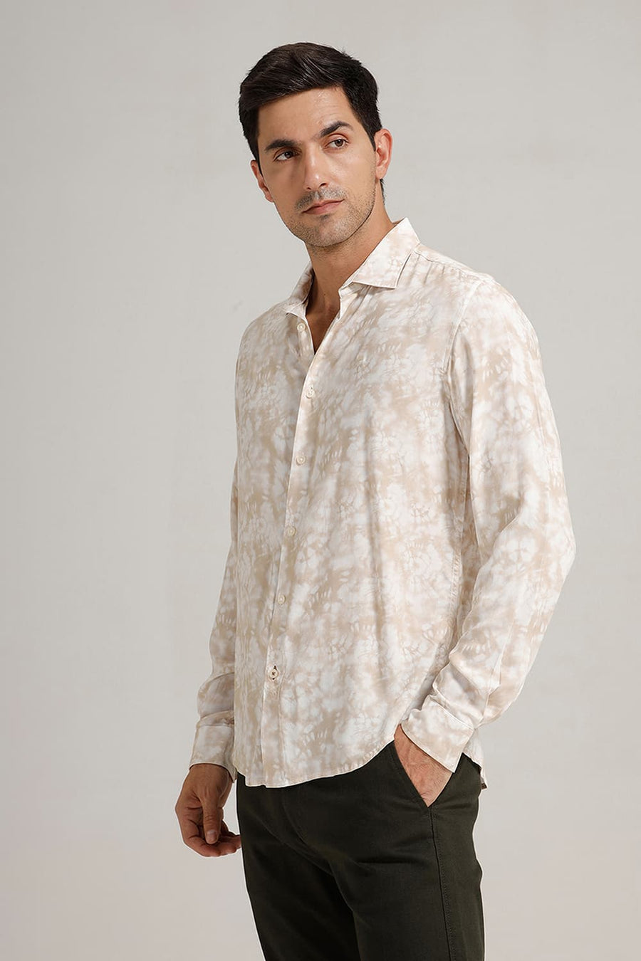 BASICS SLIM FIT BEIGE RICE VISCOSE DIGITAL PRINTED SHIRT