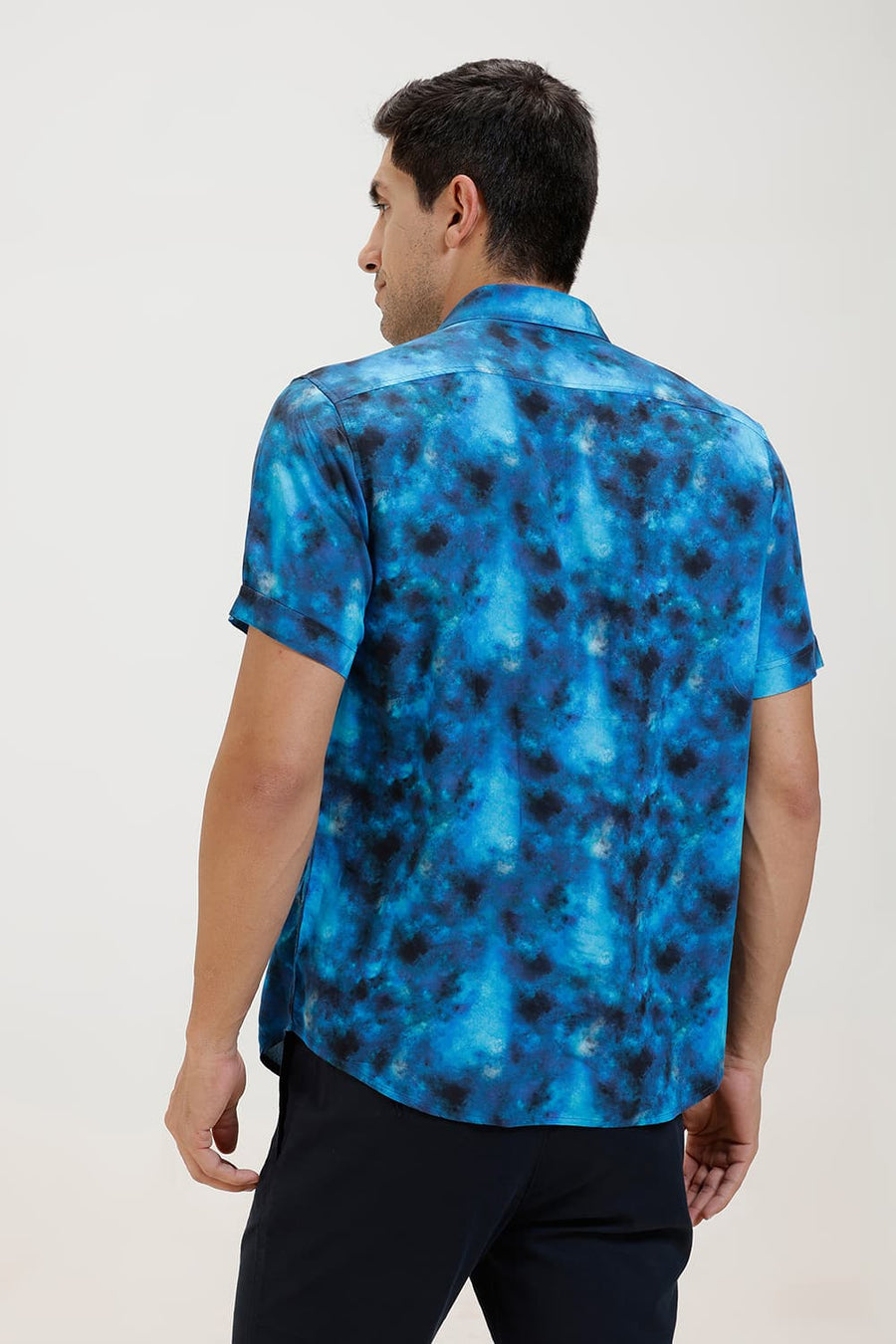 BASICS SLIM FIT MIDBLUE JEWEL VISCOSE DIGITAL PRINTED HALFSLEEVES SHIRT