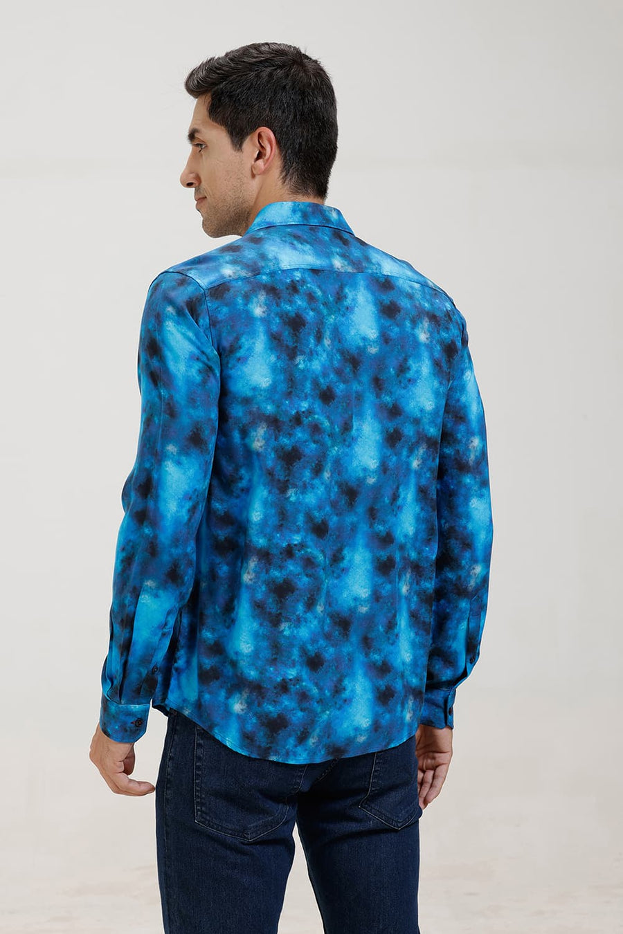 BASICS SLIM FIT MIDBLUE JEWEL VISCOSE DIGITAL PRINTED SHIRT