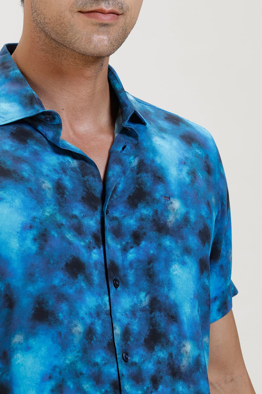 BASICS SLIM FIT MIDBLUE JEWEL VISCOSE DIGITAL PRINTED HALFSLEEVES SHIRT